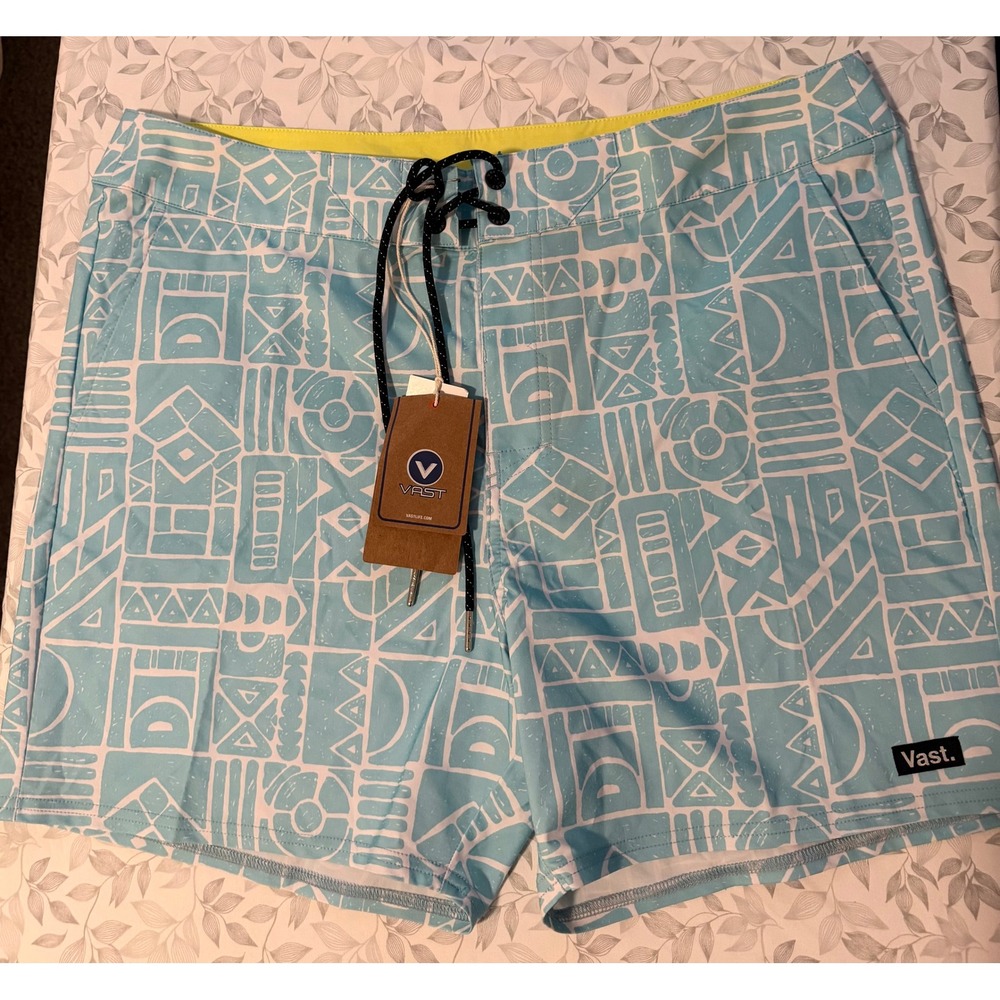 Vast African Stone Retro Classic Boardshorts Sky Blue Geometric‎ Mens 36 NEW